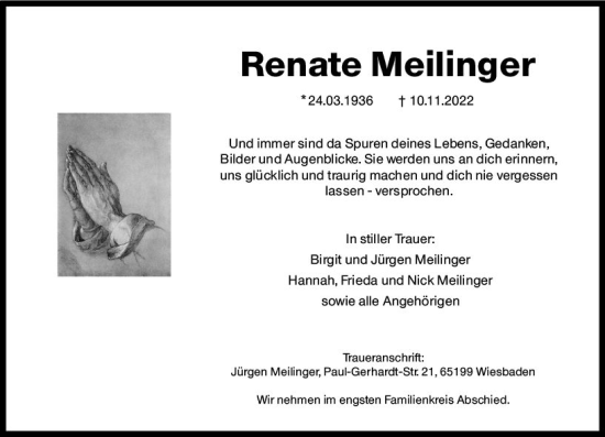 Traueranzeige von Renate Meilinger von vrm-trauer Wiesbadener Kurier Traueranzeige von Renate Meilinger von vrm-trauer Wiesbadener Kurier