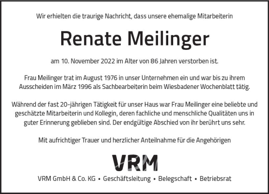 Traueranzeige von Renate Meilinger von vrm-trauer Wiesbadener Kurier Traueranzeige von Renate Meilinger von vrm-trauer Wiesbadener Kurier