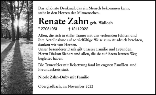 Traueranzeige von Renate Zahn von vrm-trauer Wiesbadener Kurier