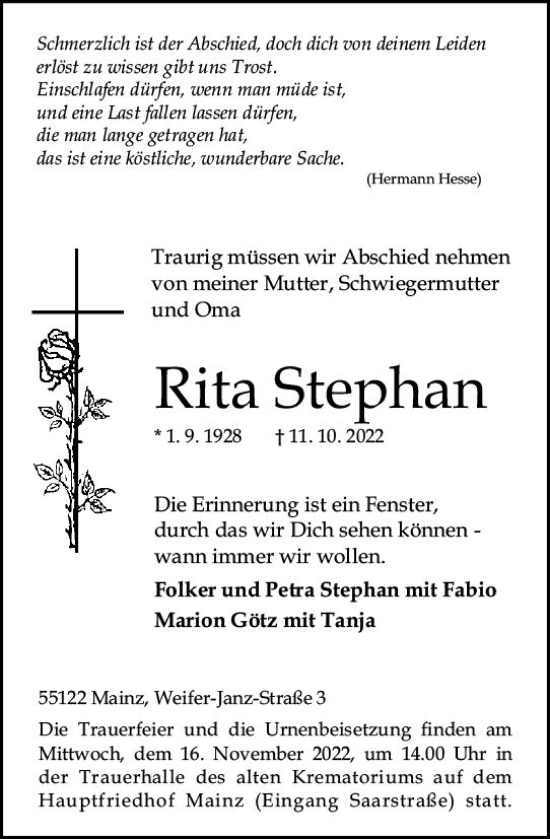 Traueranzeige von Rita Stephan von vrm-trauer AZ Mainz