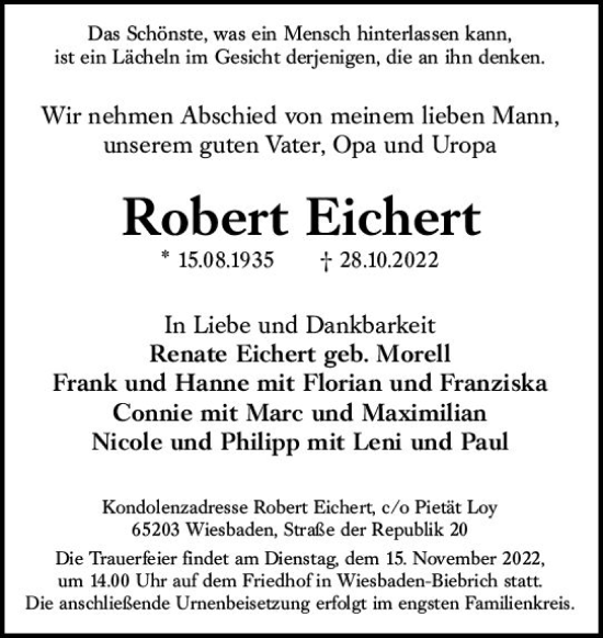 Traueranzeige von Robert Eichert von vrm-trauer Wiesbadener Kurier