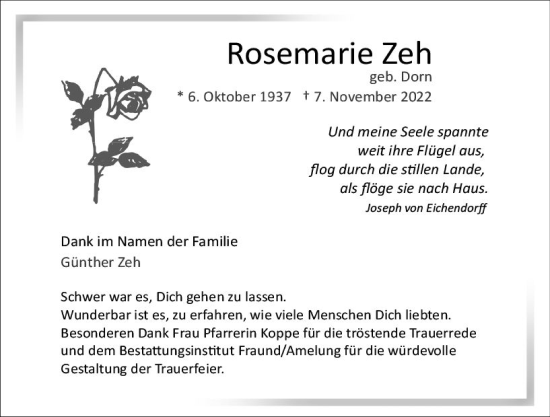 Traueranzeige von Rosemarie Zeh von vrm-trauer Wiesbadener Kurier
