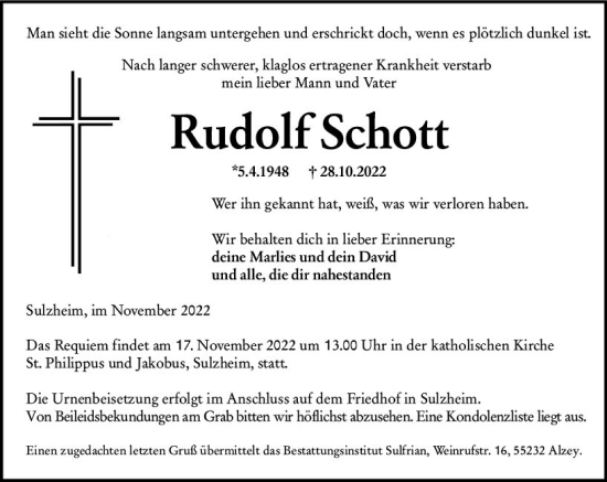 Traueranzeige von Rudolf Schott von vrm-trauer Allgemeine Zeitung Alzey