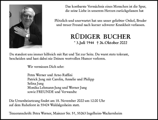 Traueranzeige von Rüdiger Bucher von vrm-trauer Allgemeine  Zeitung Ingelheim-Bingen
