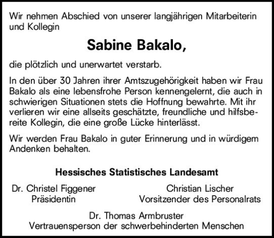 Traueranzeige von Sabine Bakalo von vrm-trauer Wiesbadener Kurier