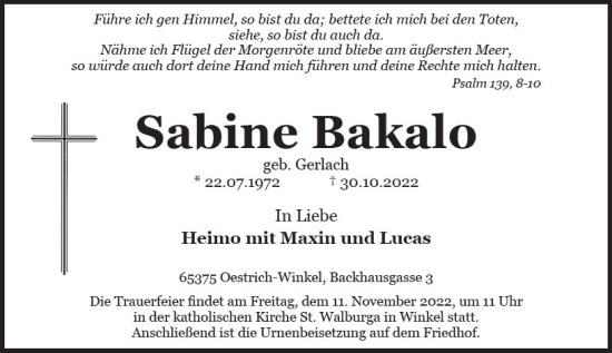 Traueranzeige von Sabine Bakalo von vrm-trauer Wiesbadener Kurier