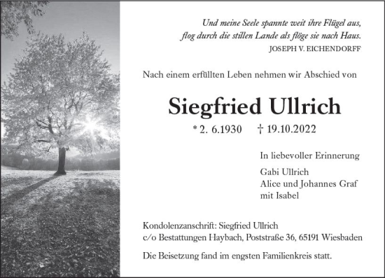 Traueranzeige von Siegfried Ullrich von vrm-trauer Wiesbadener Kurier