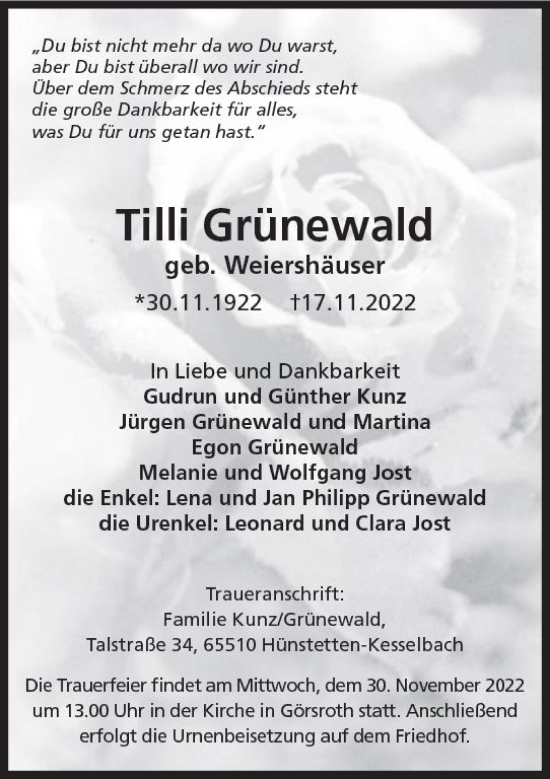 Traueranzeige von Tilli Grünewald von vrm-trauer Wiesbadener Kurier
