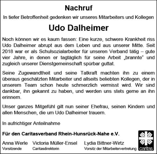 Traueranzeige von Udo Dalheimer von vrm-trauer Allg. Zeitung Bad Kreuznach