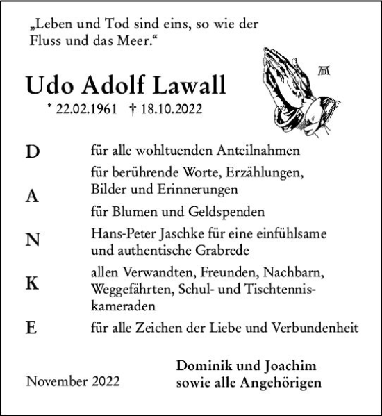 Traueranzeige von Udo Adolf Lawall von vrm-trauer Allgemeine Zeitung Alzey