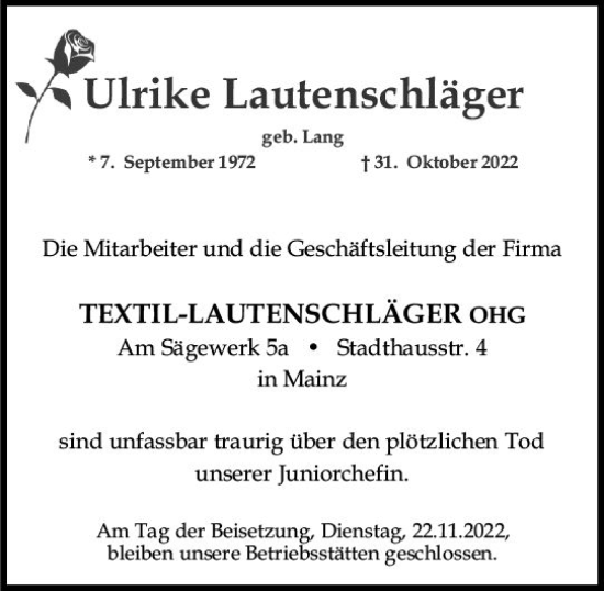 Traueranzeige von Ulrike Lautenschläger von vrm-trauer AZ Mainz