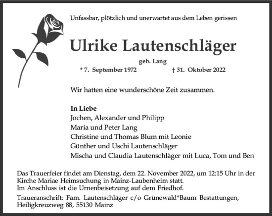 Traueranzeige von Ulrike Lautenschläger von vrm-trauer AZ Mainz
