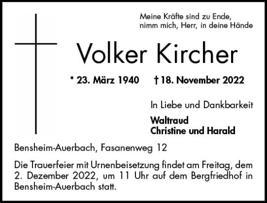 Traueranzeige von Volker Kircher von vrm-trauer Bürstädter/Lamperth. Ztg/Starkenburger
