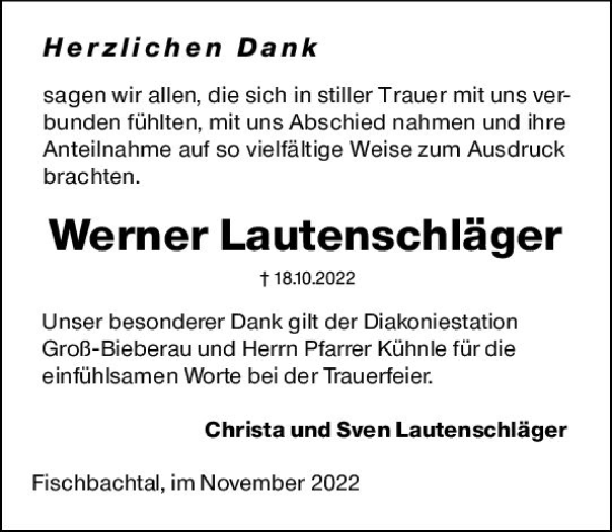 Traueranzeige von Werner Lautenschläger von vrm-trauer Darmstädter Echo