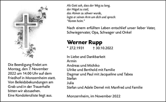 Traueranzeige von Werner Rupp von vrm-trauer Allgemeine Zeitung Alzey