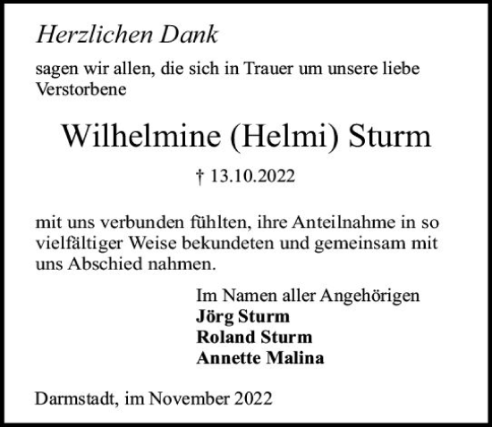Traueranzeige von Wilhelmine Sturm von vrm-trauer Darmstädter Echo