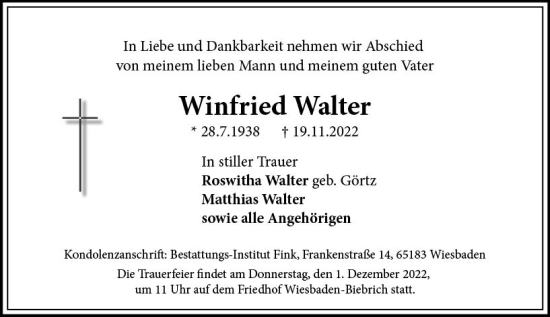Traueranzeige von Winfried Walter von vrm-trauer Wiesbadener Kurier
