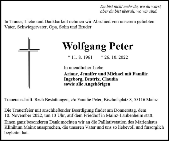 Traueranzeige von Wolfgang Peter von vrm-trauer AZ Mainz