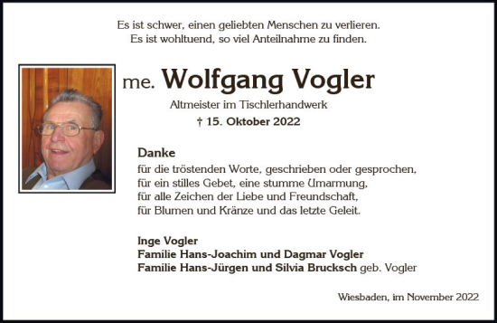 Traueranzeige von Wolfgang Vogler von vrm-trauer Wiesbadener Kurier
