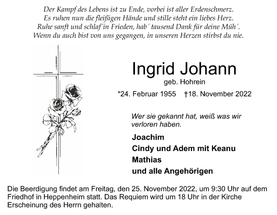 Traueranzeige von Ingrid Johann von vrm-trauer AZ Mainz