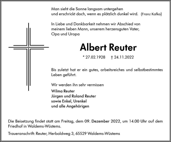 Traueranzeige von Albert Reuter von vrm-trauer Idsteiner Zeitung