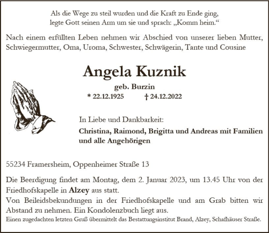 Traueranzeige von Angela Kuznik von vrm-trauer Allgemeine Zeitung Alzey