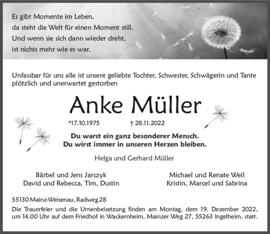 Traueranzeige von Anke Müller von vrm-trauer AZ Mainz