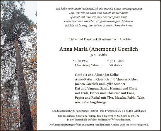 Traueranzeige von Anna Maria Goerlich von vrm-trauer Wiesbadener Kurier