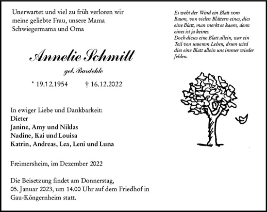 Traueranzeige von Annelie Schmitt von vrm-trauer Allgemeine Zeitung Alzey