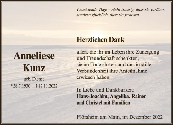 Traueranzeige von Anneliese Kunz von vrm-trauer Rüsselsheimer Echo / MainSpitze