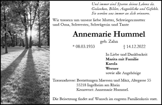 Traueranzeige von Annemarie Hummel von vrm-trauer Allgemeine  Zeitung Ingelheim-Bingen