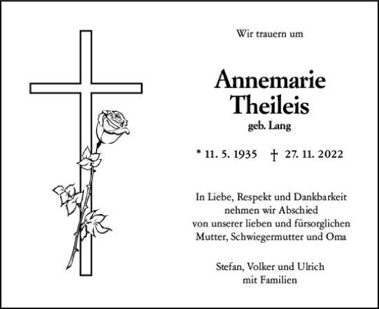 Traueranzeige von Annemarie Theileis von vrm-trauer Darmstädter Echo