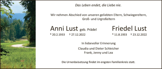 Traueranzeige von Anni Lust von vrm-trauer AZ Mainz