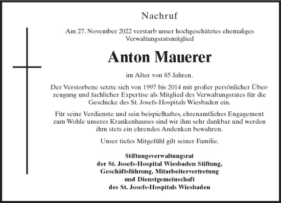 Traueranzeige von Anton Mauerer von vrm-trauer Wiesbadener Kurier
