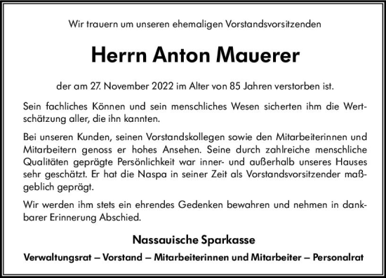 Traueranzeige von Anton Mauerer von vrm-trauer Wiesbadener Kurier