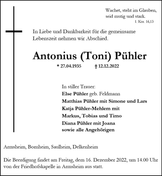 Traueranzeige von Antonius  Pühler von vrm-trauer Allgemeine Zeitung Alzey