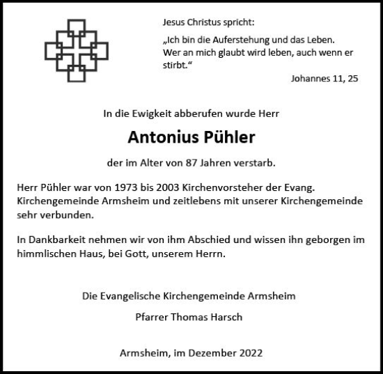 Traueranzeige von Antonius  Pühler von vrm-trauer Allgemeine Zeitung Alzey