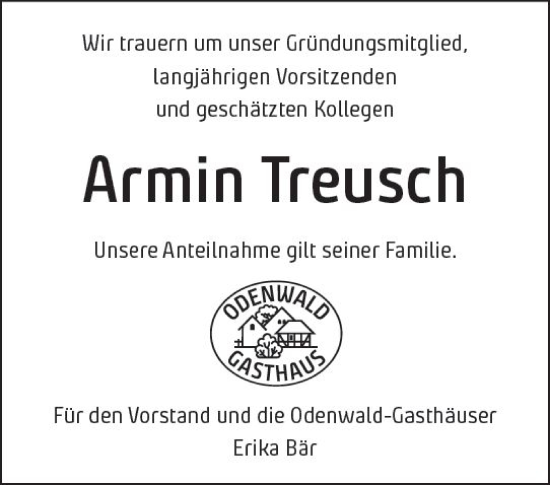 Traueranzeige von Armin Treusch von vrm-trauer Odenwälder Echo