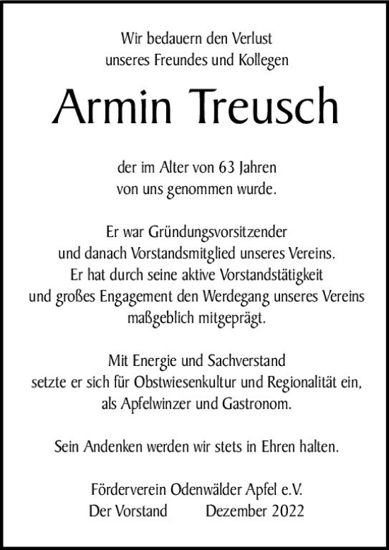 Traueranzeige von Armin Treusch von vrm-trauer Odenwälder Echo