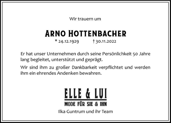 Traueranzeige von Arno Hottenbacher von vrm-trauer Wiesbadener Kurier
