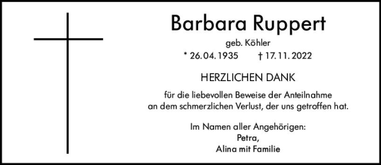 Traueranzeige von Barbara Ruppert von vrm-trauer Bürstädter/Lamperth. Ztg/Starkenburger