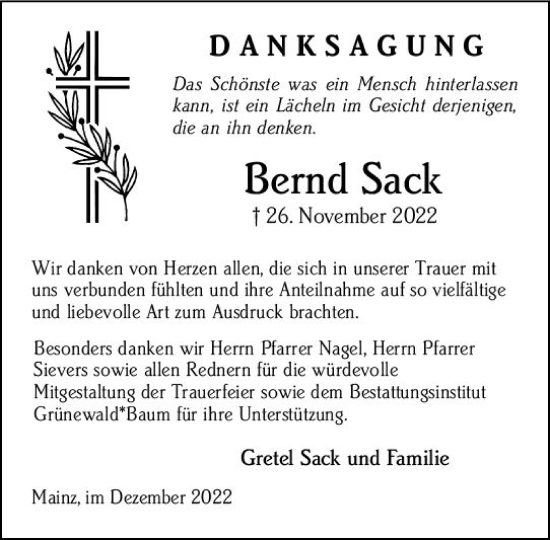 Traueranzeige von Bernd Sack von vrm-trauer AZ Mainz