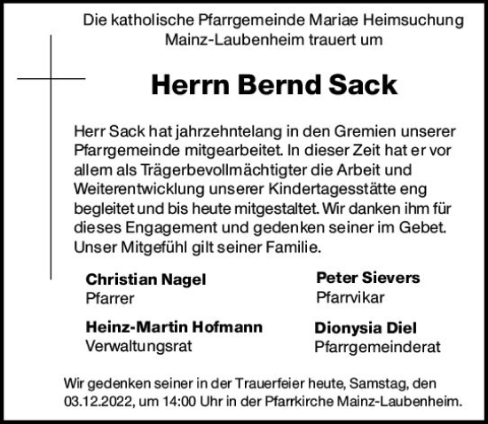 Traueranzeige von Bernd Sack von vrm-trauer AZ Mainz