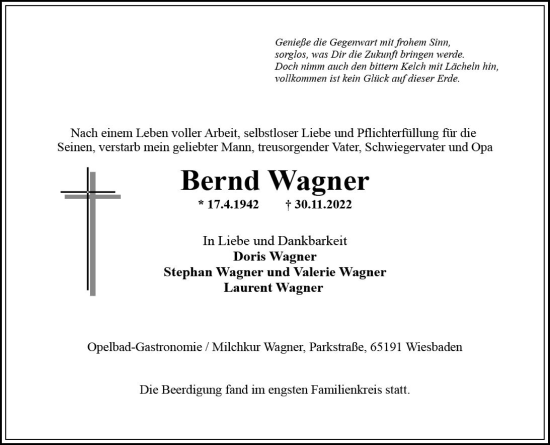 Traueranzeige von Bernd Wagner von vrm-trauer Wiesbadener Kurier