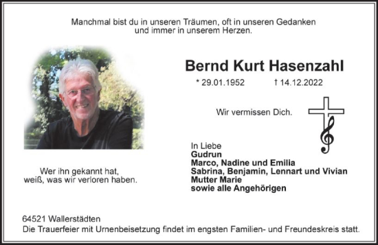 Traueranzeige von Bernd Kurt Hasenzahl von vrm-trauer Groß-Gerauer Echo