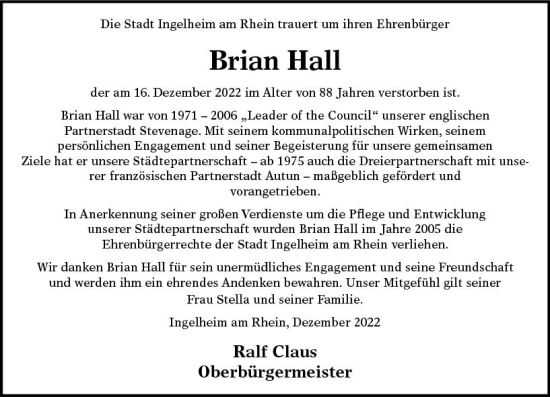 Traueranzeige von Brian Hall von vrm-trauer Allgemeine  Zeitung Ingelheim-Bingen