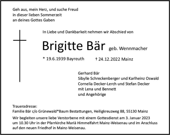 Traueranzeige von Brigitte Bär von vrm-trauer AZ Mainz