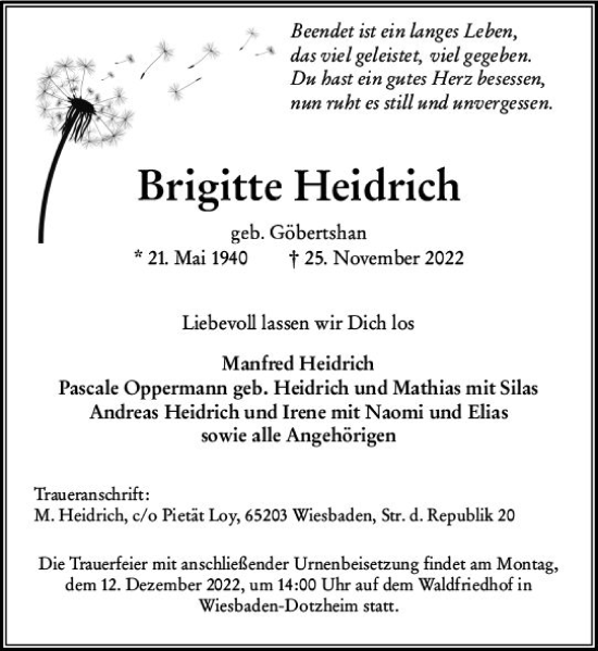 Traueranzeige von Brigitte Heidrich von vrm-trauer Wiesbadener Kurier