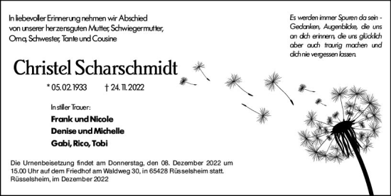 Traueranzeige von Christel Scharschmidt von vrm-trauer Rüsselsheimer Echo / MainSpitze