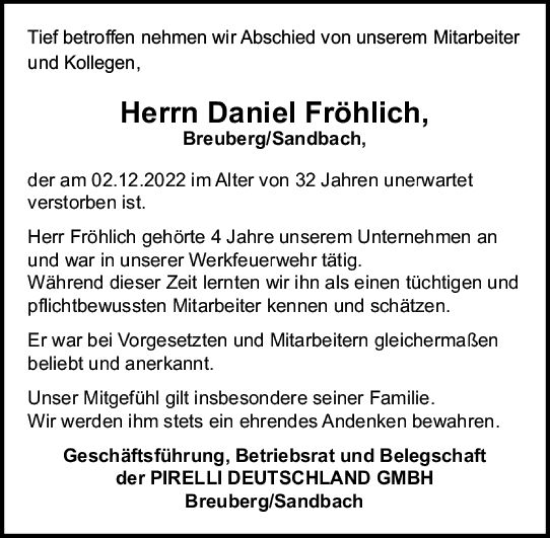 Traueranzeige von Daniel Fröhlich von vrm-trauer Odenwälder Echo